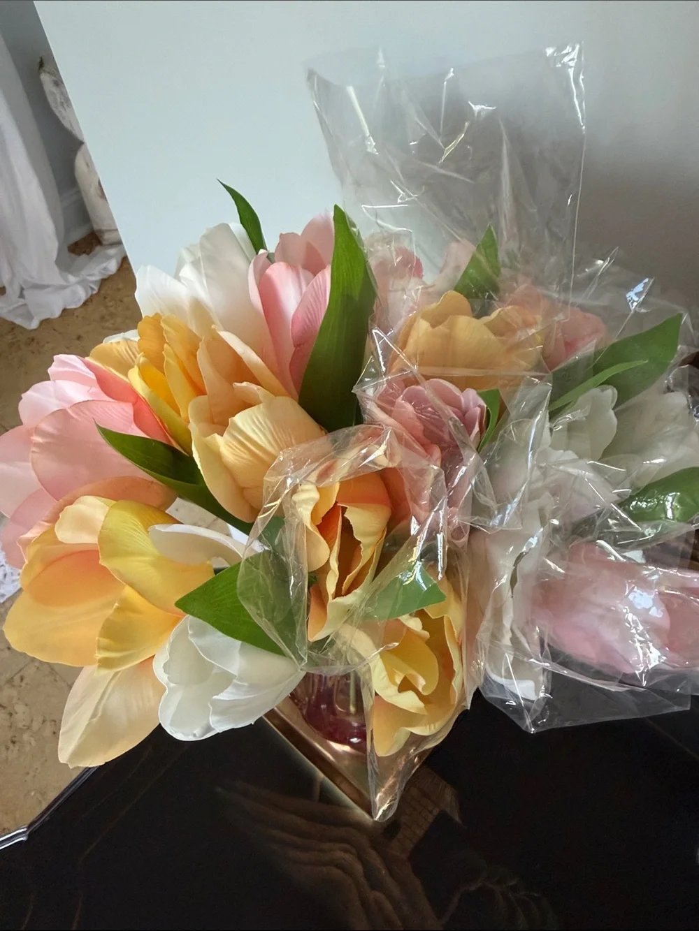 Tulips 18 Artificial Faux Pastel Stems Pink Yellow White